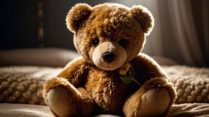 Adorable teddy bear with a flower, ideal for expressing love and affection, perfect as a thoughtful gift or a cozy decor piece.