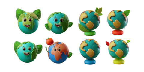 Colorful Cartoon Earth Globes for Educational Use, PNG collection, set bundle, isolate on transparent or white background