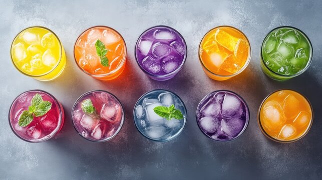 Colorful cocktails with ice and mint. Perfect for a party or to show off your bar skills.