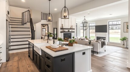 Stunning white kitchen with dark accents in modern farmhouse style luxury home, featuring large island, farmhouse sink, dishwasher, microwave, and living room view.
