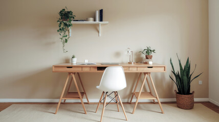 A white office desk with a chair and a potted plant. The desk is surrounded by a rug and a bookshelf. The room has a clean and organized look, which suggests a professional