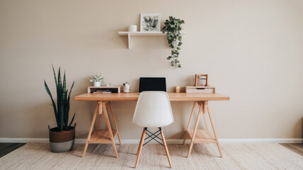 A white desk with a laptop and a potted plant. The desk is surrounded by a rug and a white chair