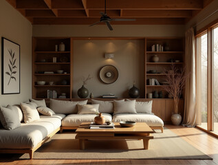 Cozy Living Room with Earthy Tones Featuring Oversized Stone Coffee Table and Textured Curtains with Trio of Blank Canvases in Light Wood Frames