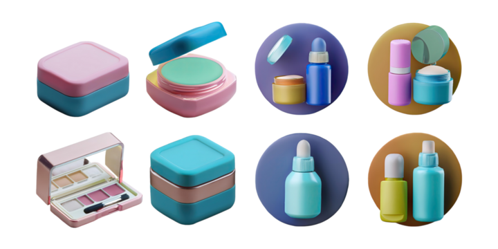 Colorful Cosmetic Containers and Products Display, PNG collection, set bundle, isolate on transparent or white background