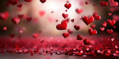 Obraz premium Background of falling red hearts. Banner red falling hearts. Banner Valentine's Day.