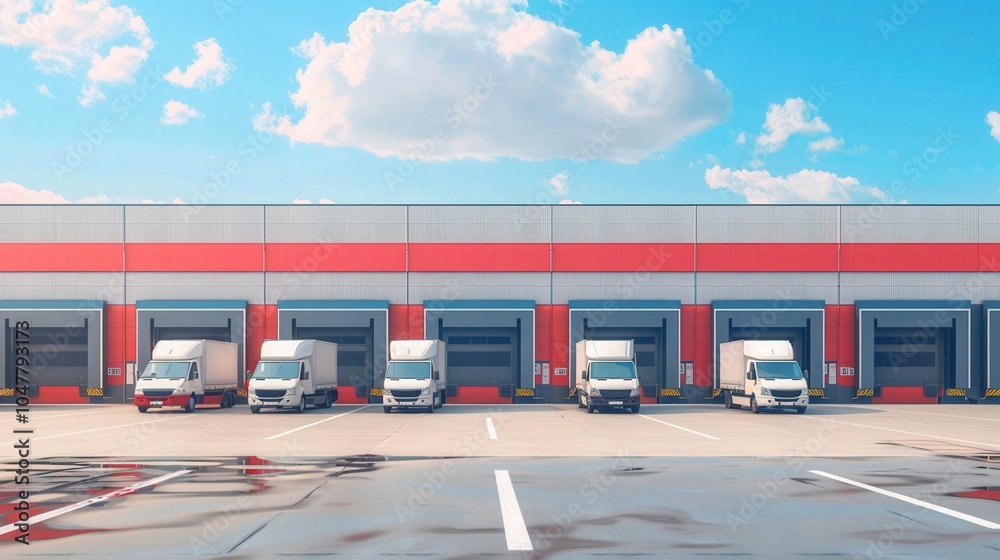 Leinwandbilder Several trucks and vans are parked outside a warehouse, preparing for loading as the sun shines and clouds drift by overhead. Generative AI