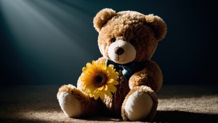 Obraz premium Adorable teddy bear with a flower, ideal for expressing love and affection, perfect as a thoughtful gift or a cozy decor piece.
