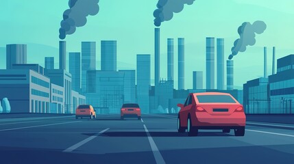 A vibrant cityscape featuring cars driving on a road with industrial buildings emitting smoke in the background, illustrating urban life and pollution.