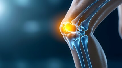 Detailed MRI Scan Image of a Human Knee Joint Showcasing the Bones in Blue and the Highlighted Ligaments in Yellow