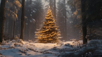christmas background with huge and decorated christmas tree with lights in the forest. christmas greeting card