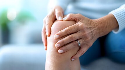 Close up of a woman s hand firmly gripping her knee as she experiences severe pain and discomfort due to visible inflammation likely from osteoarthritis or a previous injury