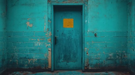 A single, blue, metal door with a yellow sign on it in a turquoise room with peeling paint and brick.