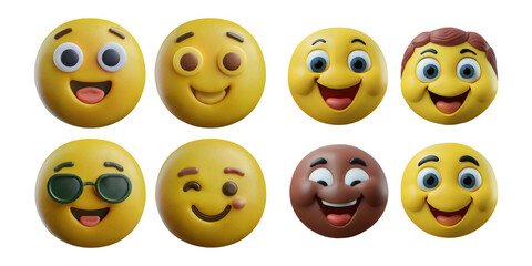 Colorful Cartoon Emoji Faces for Creative Projects, PNG collection, set bundle, isolate on transparent or white background