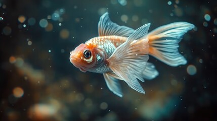 A single goldfish swims through a shimmering, abstract background, its fins spread wide.