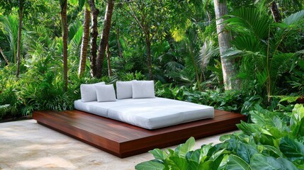 Lush Tropical Outdoor Bedroom with Plush Bedding in Secluded Garden Oasis