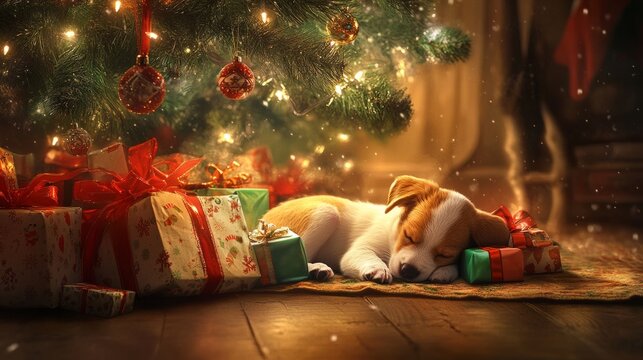 sweet puppy sleeping under decorated christmas tree and gift boxes