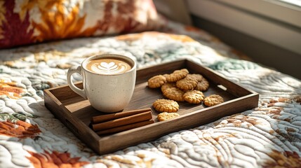 Fototapeta premium coffee with cookies in bed