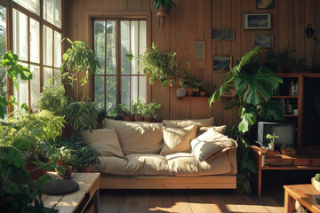 Wooden Walls and Plentiful Greenery: Nature-Inspired Living Room Offers a Serene Escape