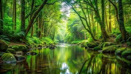 Fototapeta premium Symmetrical forest stream in pristine condition surrounded by lush greenery