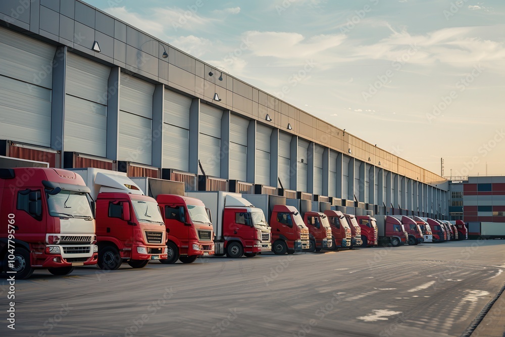 Poster several trucks and vans are parked at a warehouse waiting for loading activities to commence in the 