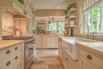 Fototapeta premium Vintage-Inspired Appliances and Cozy Charm: Cottage Kitchen Evokes Nostalgic Warmth