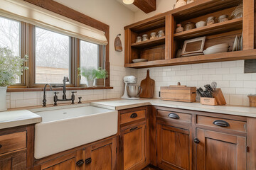 Fototapeta premium Wooden Cabinetry and Farmhouse Sink: Cozy Kitchen Radiates Rustic Warmth and Charm
