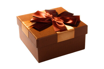 Festive gift box made of cardboard with a beautiful ribbon of brown color on a white background, isolated. PNG