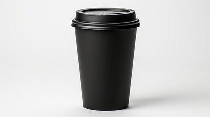 A black to-go coffee cup with a black lid on a white background.