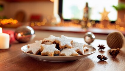 Zimtsterne cookies on a rustic table, sunlit kitchen, festive decor, cozy holiday atmosphere.