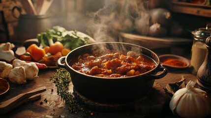 Hearty Stew Cooking in Rustic Kitchen Environment