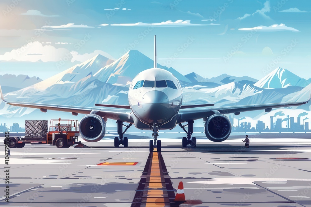 Fototapete a cargo airplane is stationed on the runway, surrounded by equipment for loading and unloading durin