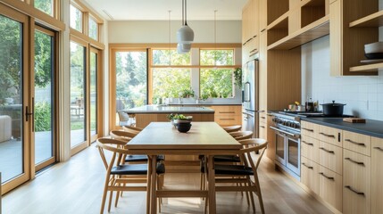 Fototapeta premium Modern kitchen with ample natural light and wood accents