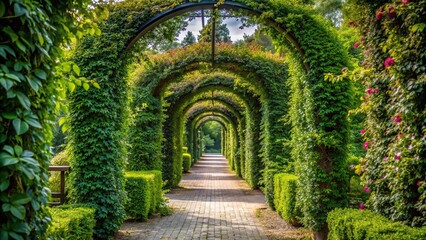 Fototapeta premium Symmetrical garden path and arch covered with climbing plants