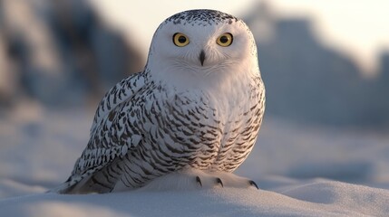 Fototapeta premium A snowy owl with yellow eyes perches on a snowdrift against a soft, blurred background.