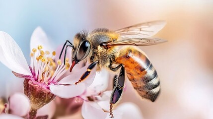Fototapeta premium A close-up image of a bee pollinating a delicate flower, showcasing its intricate details and natural beauty.