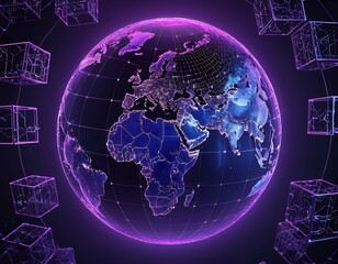 Fototapeta premium A futuristic blue and silver globe, hovering on a blank white canvas, with chains of luminous data blocks encircling it in a complex pattern, symbolizing the interconnected digital