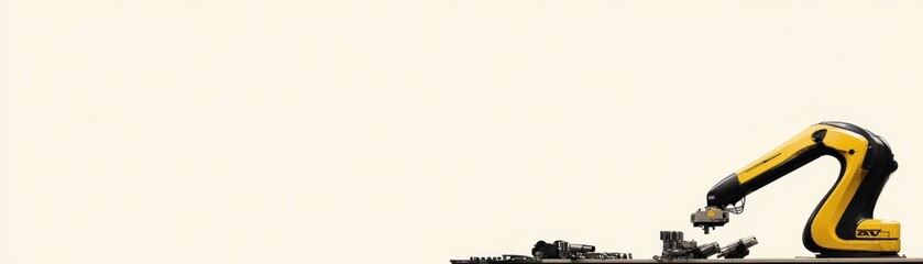 Fototapeta premium Yellow robotic arm picking up metal parts on a white background.