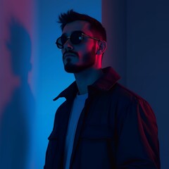 Fototapeta premium Man with red and blue light on a dark background with reflection