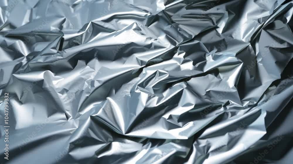 Poster The close-up displays a crumpled silver foil surface, highlighting intricate folds and creases that catch light and create dynamic reflections.
