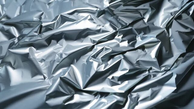 The close-up displays a crumpled silver foil surface, highlighting intricate folds and creases that catch light and create dynamic reflections.