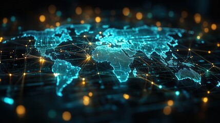 Bright blue world map with illuminated network connections symbolizing global internet or communication