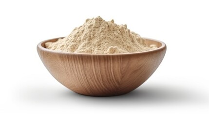 A wooden bowl filled with light brown powder on a white background.