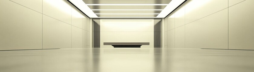 Fototapeta premium A long, white corridor with a subtle bend, lit by overhead lights. The floor is shiny and reflective, suggesting a sterile environment. There is a black bench at the end of the hall.