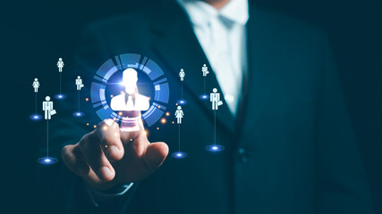 Concept Customer relationship management, CRM. businessman touch person icon on virtual screen recruitment leadership team Or joint business partners marketing strategy of organization business.