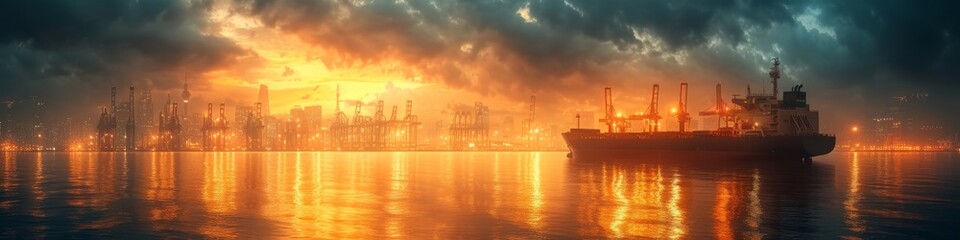 Fototapeta premium Cargo ship at port city skyline during a glowing sunset