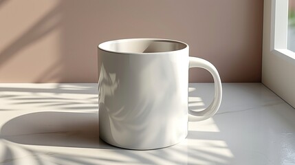 Obraz premium A white mug with a handle sits on a marble countertop, with sunlight streaming in from a window.