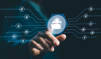 Concept Electronic Document Management System (DMS), Businessman Access folder software to store,...