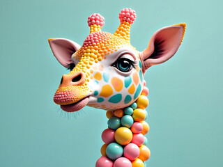 Abstract 3d illustration artwork of a vibrant and colorful giraffe with neck made of pastel colored...