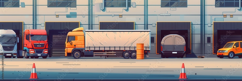 Leinwandbilder multiple trucks and vans stand parked in front of a warehouse, preparing for loading activities as t