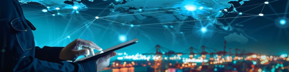 Technician using tablet to manage global logistics network in real-time